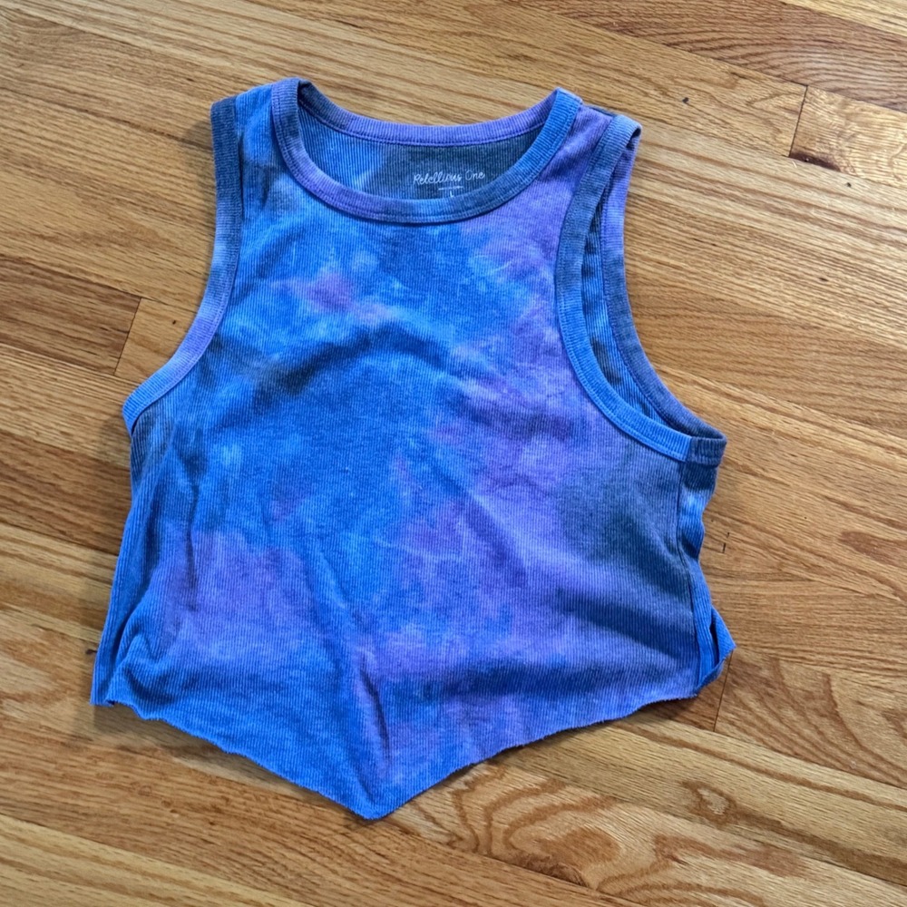 Rebellious One Bandana Hem Ribbed Tank Top Size L Blue Purple Tie Dye RA1652RWH